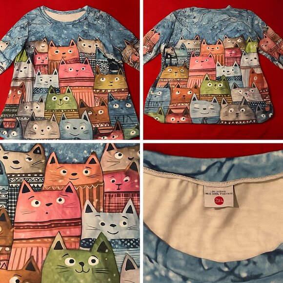 Colorful Cat Print Long Sleeve Tunic Top Size 3XL – Whimsical Oversized Shirt - Picture 1 of 6